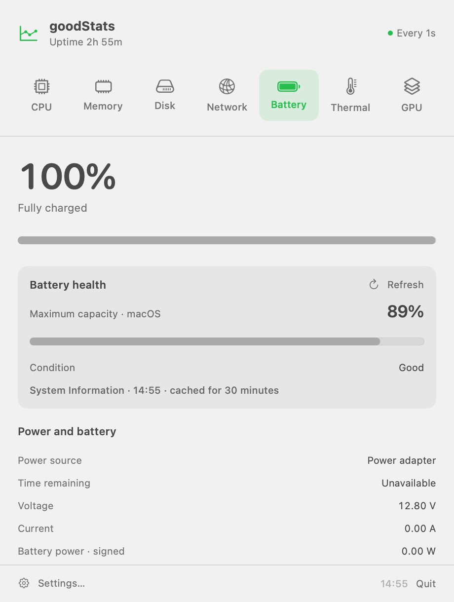 goodStats battery panel with charge, charging state and battery health